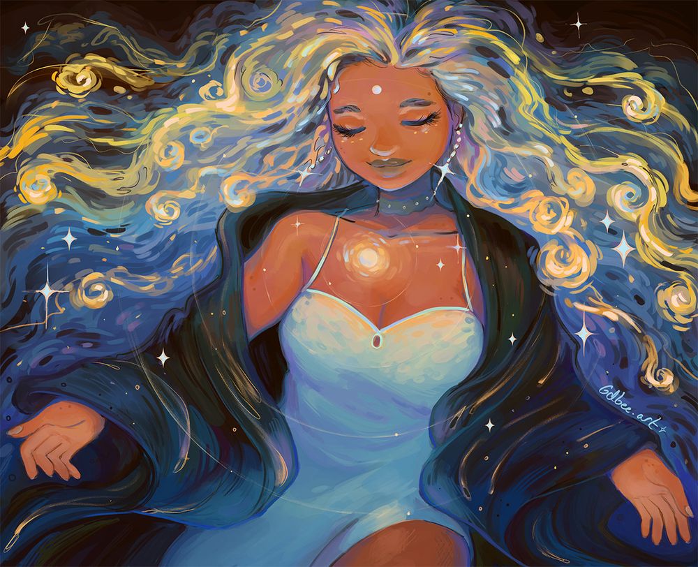 Digital illo of a goddess doing a wide embrace of the moon. There is an Starry Night type aesthetic to her hair. She's wearing a simple dress and dark blue/brown robe. The moon has light gravitational rings. Art by prinnay/gdbeeart, paint tool sai 2025