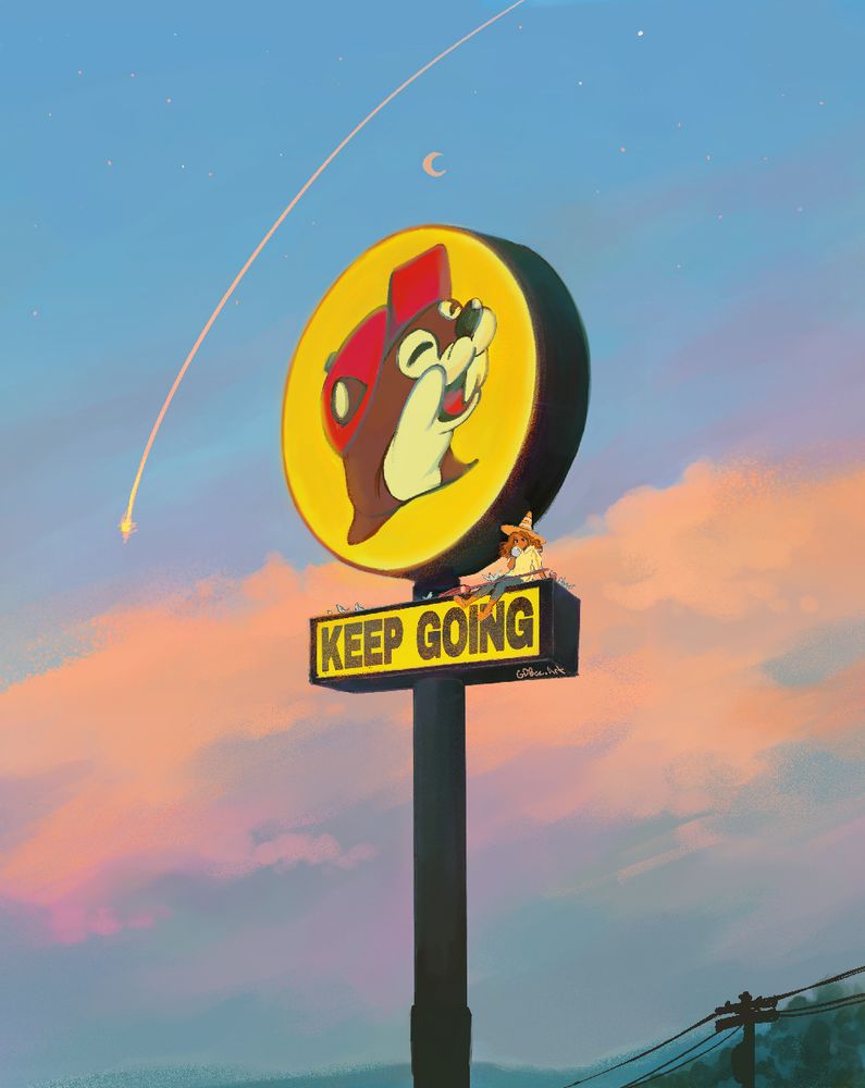 Photo study painting of a Buc-ee's mascot sign with "KEEP GOING" written underneath where a city's name would be. There are mountains, trees and sunset clouds in the distance. A pigeon themed witch sits on the sign. Drawn by gdbeeart, Aug 2025