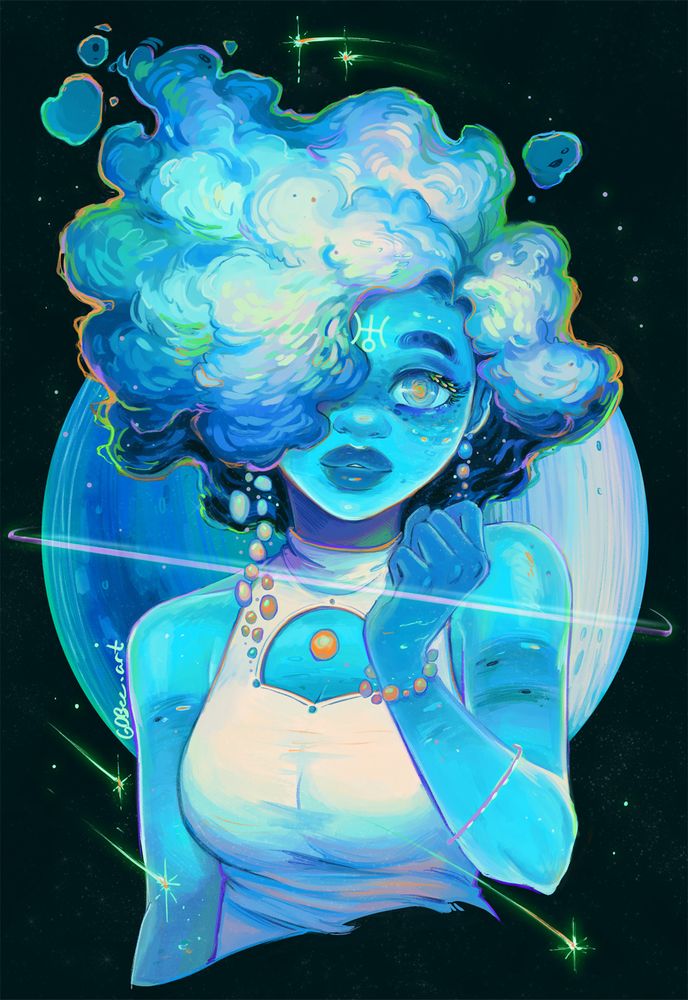 Illustration of the personification of planet Uranus. She has a gassy aesthetic, flowy hair, a sleeveless top and a calm, kind of shy demeanor. Drawn by gdbeeart in paint tool sai2, July 2025