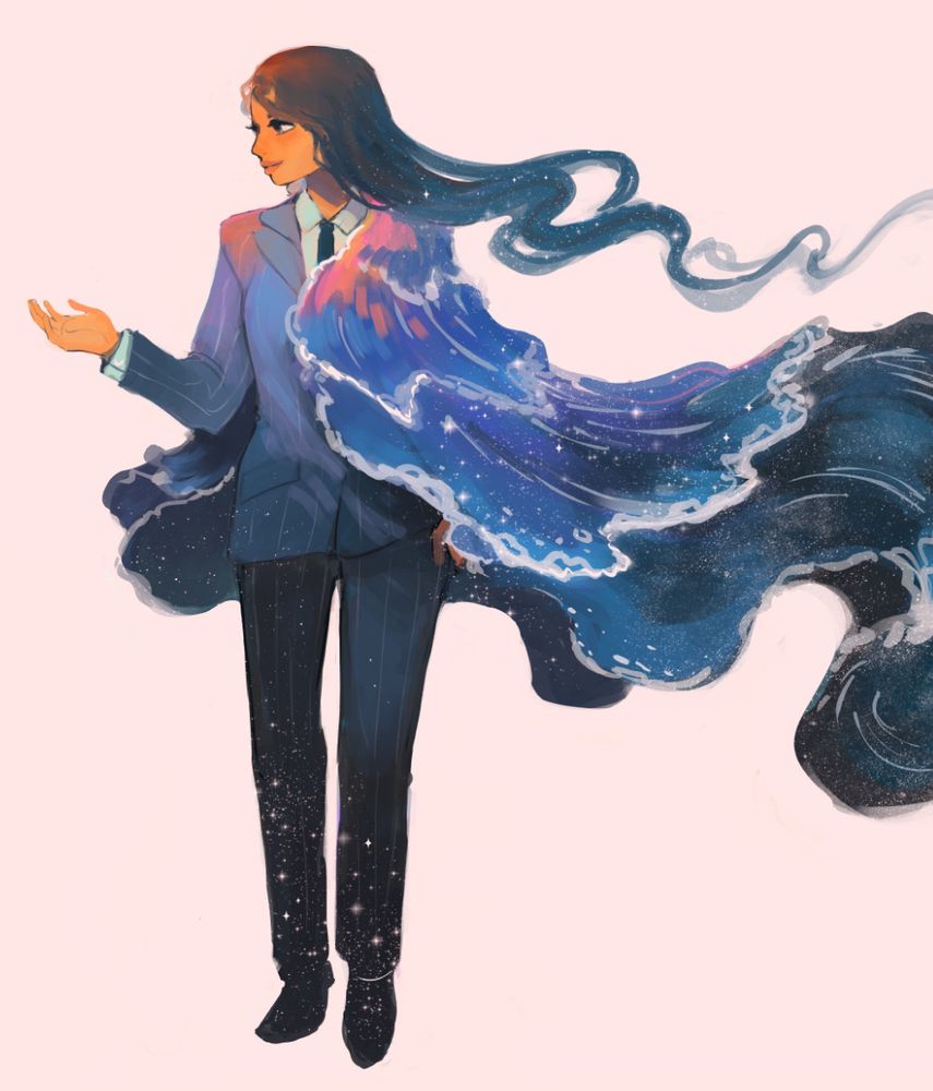 A woman in a night themed suite with an ocean cowl holding out her hand, facing leftward