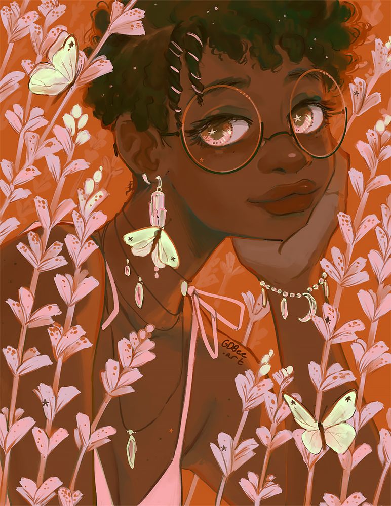 Portrait illustration of a young woman without a care in the world in her eyes. She has short coily hair with two twists, large glasses and a pink tank top. She's surrounded by pink florals, stars and green-white butterflies. Drawn by gdbeeart in Aug 2025