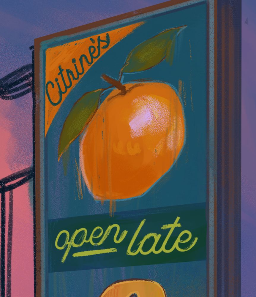 work in progress image showcasing a painted orange on a billboard.