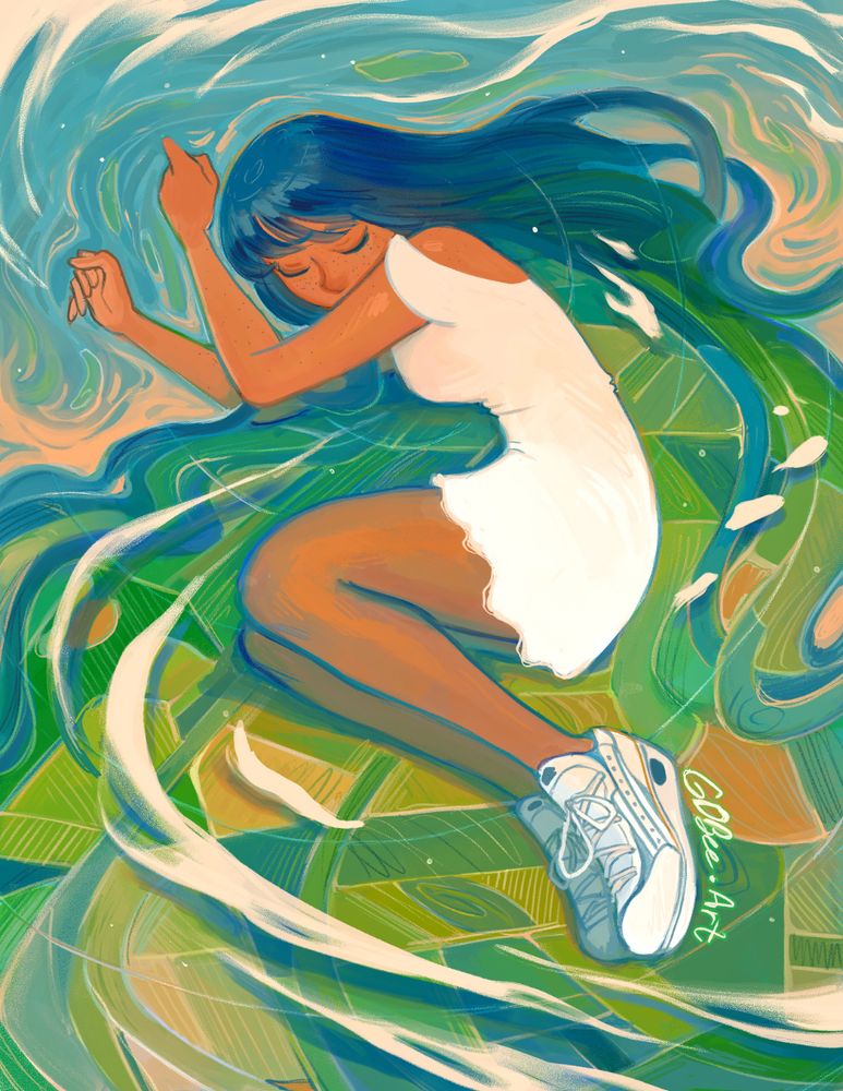 Illustration of a young woman lying on the earth with different sectioned earth patterns. She's wearing an ombre dress and white sneakers. There's clouds and sea sort of making a concentric circle around her. Drawn by gdbeeart in photoshop and paint tool sai 2, July 2025