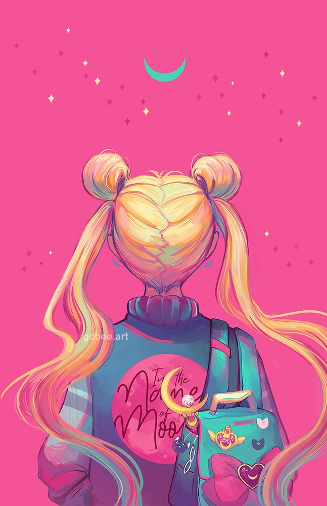 Illo of the back of Usagi Tsukino with various items from the Sailor Moon anime and manga. Drawn by gdbeeart in 2018-ish, Photoshop