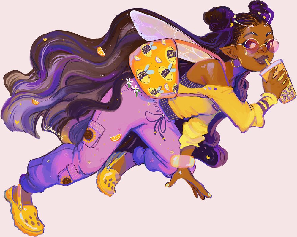 Illustration of a fairy going out and doing errands. She has a bee tote bag, purple cargo pants, crocs and a lemonade boba tea. Drawn by gdbeeart in June 2025