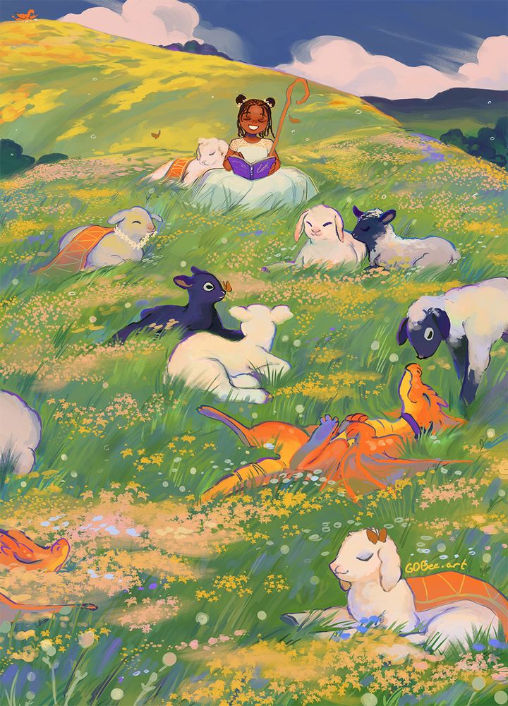 Illustration of a girl reading a book to a handful of lambs and two dragons in a big field. It's a beautiful day out so everyone's sunbathing instead. Drawn by gdbeeart in May 2025, paint tool sai