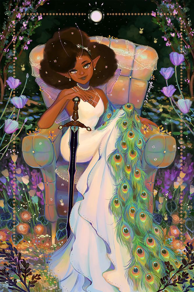 Illustration of a fairy sitting on a couch in the forest. The couch is surrounded by flowers and greenery. The fairy is wearing a white dress with a peacock feather shawl, white pearl earrings and three afro puffs. She is holding a sword steady with her palm. Drawn in paint tool sai, gdbee art 2025