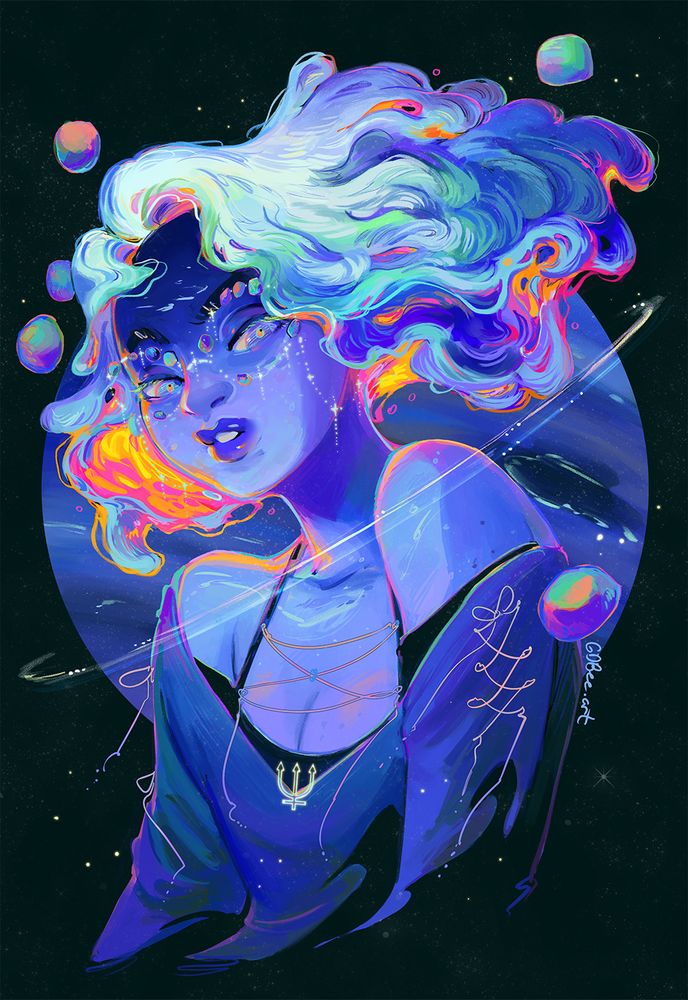 Portrait illustration of the personification of planet Neptune. She is wearing glasses made of moons and stars, warm and cool floating hair, and an open shoulder top with ties. She has a very judgemental gaze. Drawn by gdbeeart/prinnay May 2025