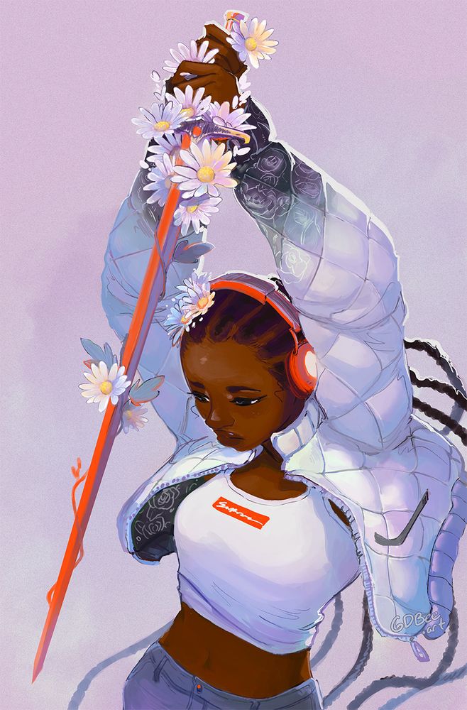 Illo of a fashionable jacketed woman about to stab something with a fashionable blade. The blade is red and decorated with daisies. The woman looks concerned but certain. Drawn by gdbeeart in 2022-ish