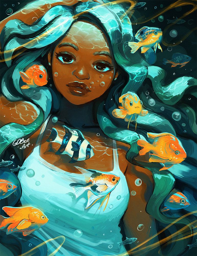 Portrait illustration of a woman underwater with fishies. She's looking at the viewer. Her hair is made of seaweeds. She's wearing a white tanktop. There are multiple types of angelfish and other saltwater fish intermixed with the seaweed. Most of the fish are golden except for one fish in the middle, which is black and white striped. Painted in 2022 / gdbeeart/ photoshop