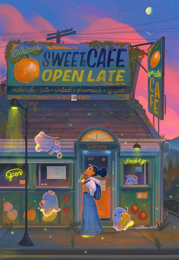 
Illo of a soothing night with four ghosts enjoying a sweets outing at a pick-up counter for "Citrine's SweetsCafe," an old establishment. It's twilight, with appalachian mountains in the distance. There's an extra ghost cafe worker at the counter.
Drawn by gdbeeart in July 2025, paint tool sai2, affinity photo
Close