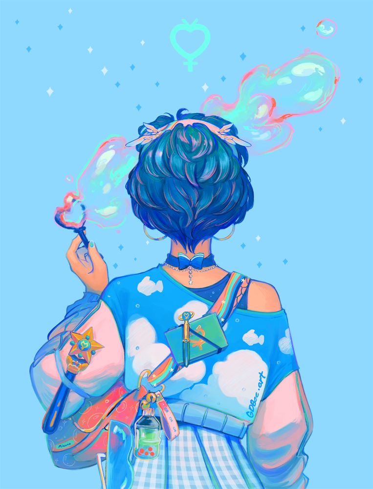 Illo of the back of Ami Mizuno with various items from the Sailor Moon anime and manga. Drawn by gdbeeart in July 2025, paint tool sai 2