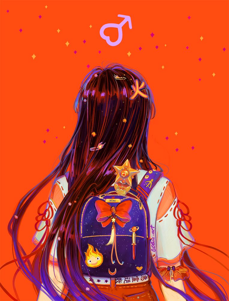 Illo of the back of Ami Mizuno with various items from the Sailor Moon anime and manga. Drawn by gdbeeart in July 2025, paint tool sai 2