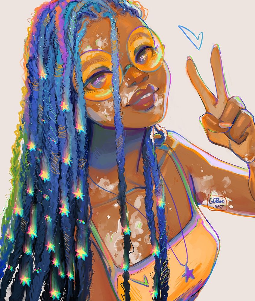 Portrait illustration of a young woman making a peace sign. She has blue-rainbow starry braids, purple eyes, and brown skin with vitiligo. She is wearing yellow glasses and a yellow tank top. By gdbee art, 2024, drawn in paint tool sai