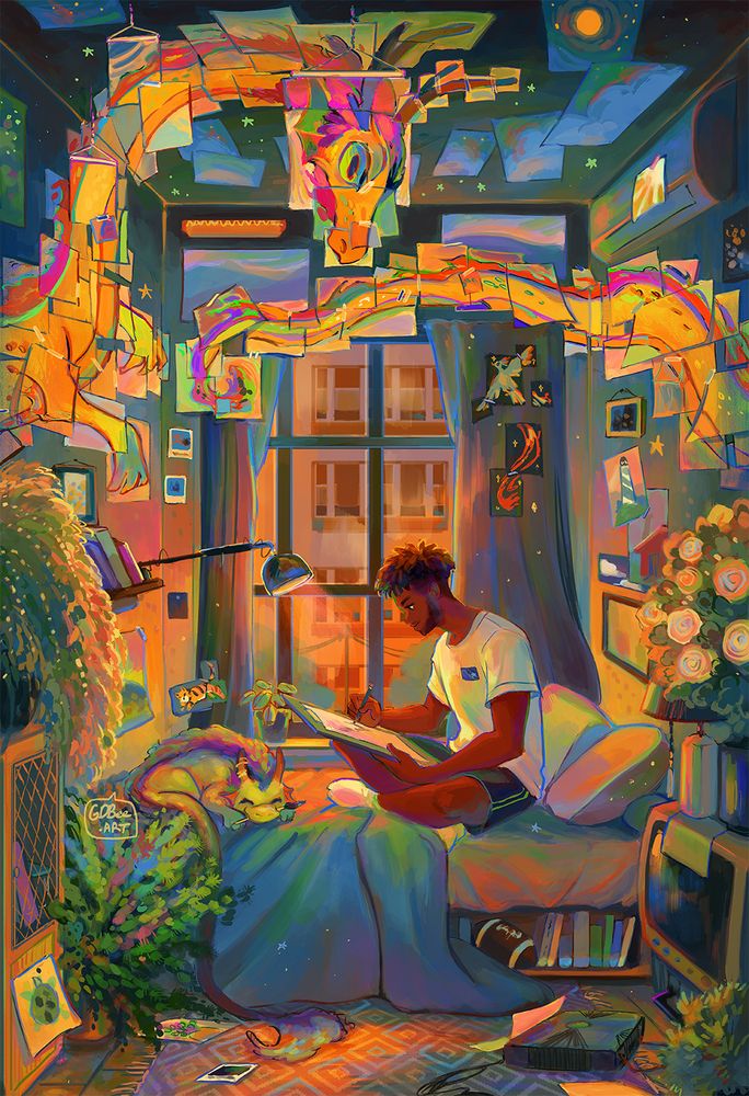Illustration of a guy starting a new drawing in his room. He has a pet dragon just vibin' next to him. The room is adorned with various images, plants and paintings. There is a giant 2D-3D dragon heading the top of the window and wrapping around the room. Deawn by gdbee art/prinnay in 2025. 