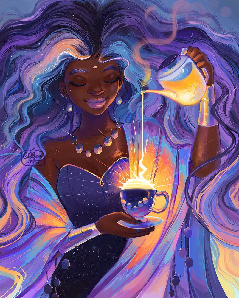 Illustration of a goddess pouring liquid sunshine from a transparent tea kettle into a teacup. Purple aesthetic. The goddess is wearing purple robes with sunrise-y hues near the tea cup. She has dark brown skin, purple eyebrows, and purple wavy hair. She's wearing a dark starry bodice. Painted in 2021 / by gdbeeart / in photoshop