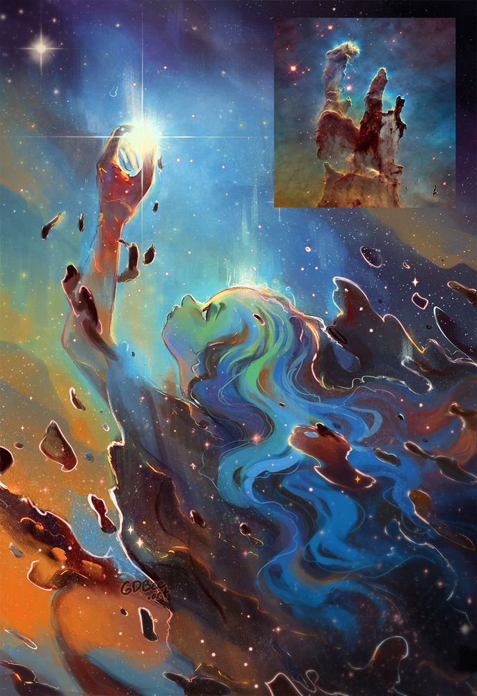 Illo of a celestial person reaching up to grab a star. Based off the Pillars of Creation photo taken by the Hubble telescope in 1995. Drawn by gdbeeart in autumn 2021, photoshop.