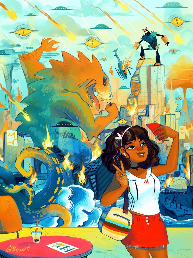 Illo of a young woman taking a selfie in front of different ragnarokic chaos in the background: A seamonster with a flood, zombies, giant monster, the rapture, atomic bomb,meteors, good old fashioned aliens, and a giant robot attack. Drawn in 2019 by gdbeeart