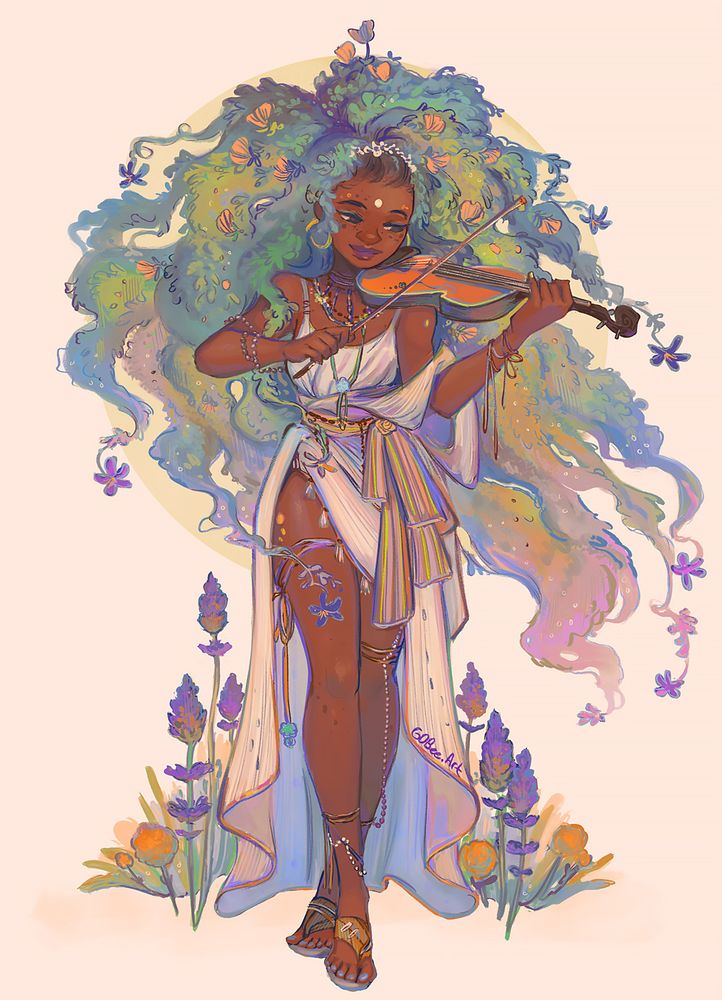 Illustration of a demi goddess playing a fiddle. She has hair made of leaves that are flowering. She is wearing multiple layers of muse-like clothing with stripey patterns. There are sprouts of hyssop at her feet. Drawn by gdbeeart/prinnay, paint tool sai June 2025