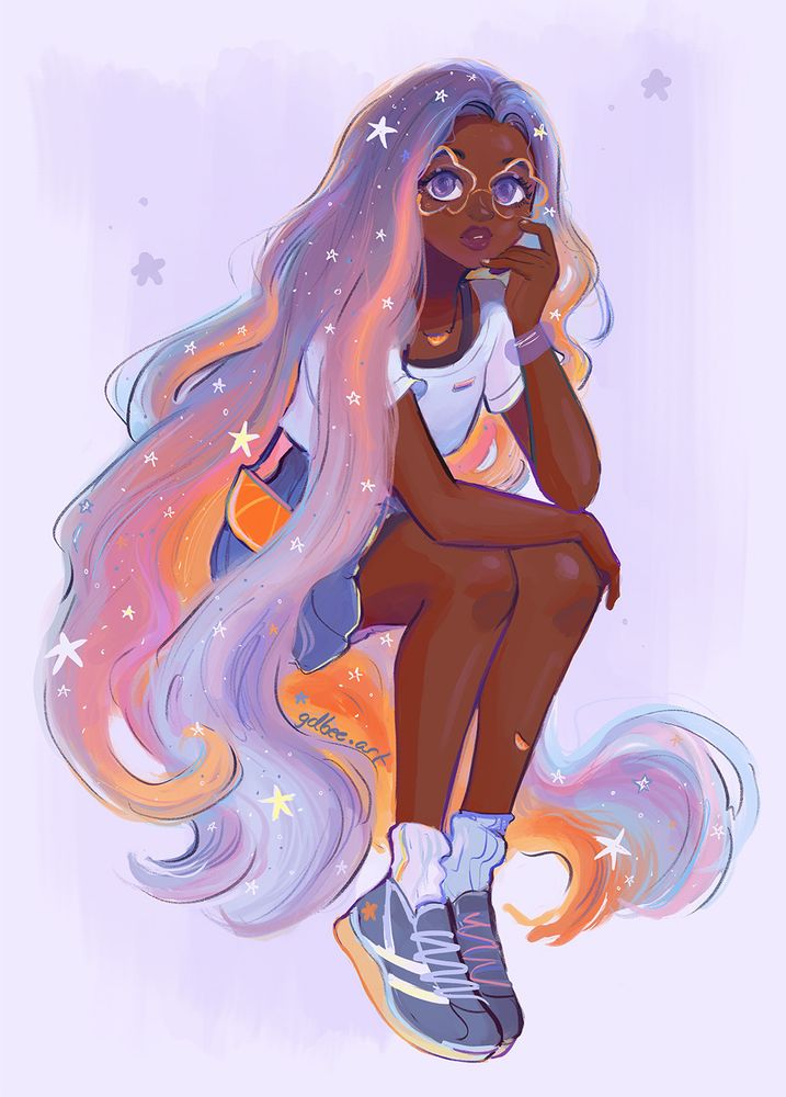 Illustration of a girl sitting down. She's wearing a purple skirt, white shirt, sneakers and an orange slice shoulder bag. Her hair is pressed and twined with a dotting of stars. Drawn by gdbeeart/prinnay in paint tool sai