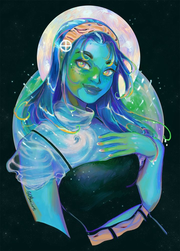 Illustration of the personification of planet earth. She has a desert headband, a hurricane top, watery hair and a black tank top. Hydrated. Nice but maybe a little mean. Drawn by gdbee art in July 2025, paint tool sai