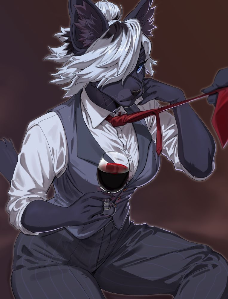 Brai, an antropomorphic melanistic serval sits with a glass of red wine. A figure out of frame has grabbed the tie of her suit and is pulling it upwards as if to guide her attention towards them.