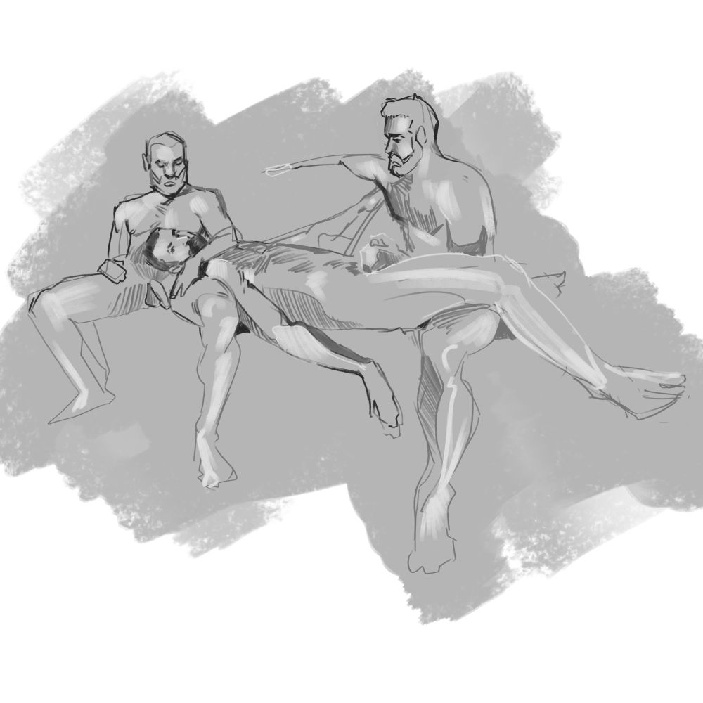 A drawing of three men laying together nude