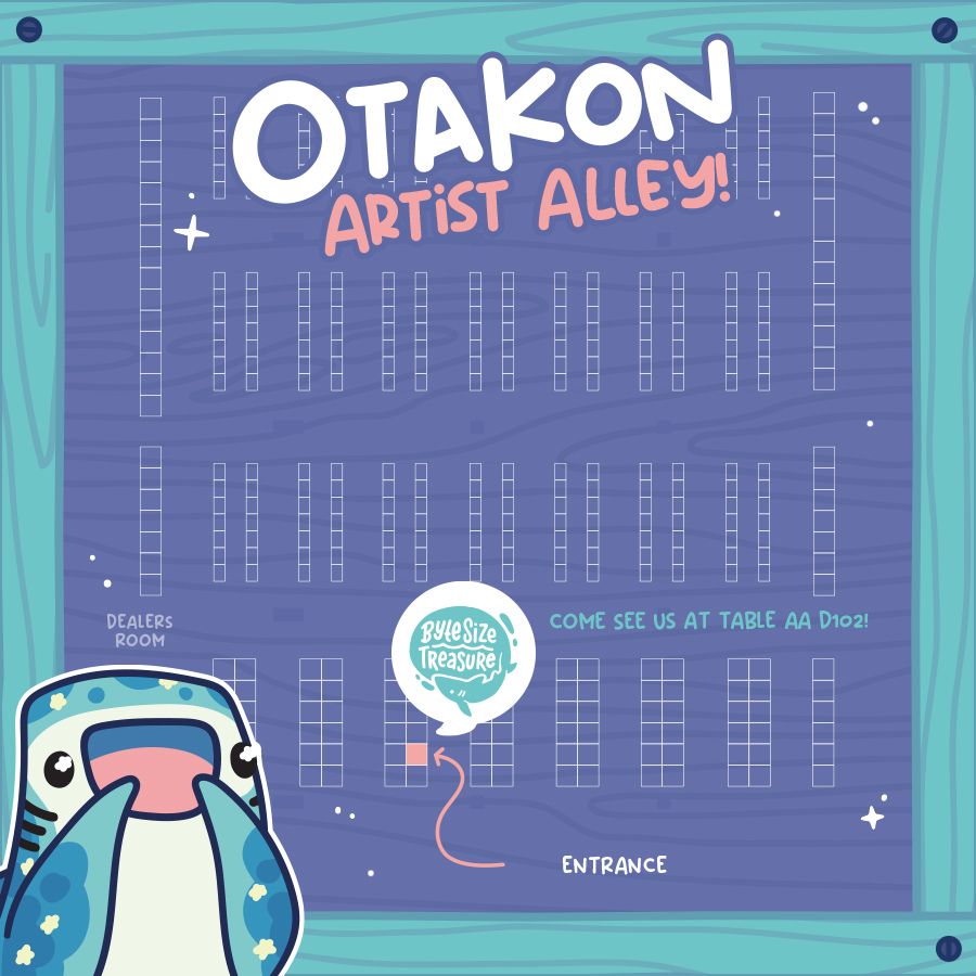 Stylized artist alley map for Otakon displayed on a purple wood-textured sign with a teal border. The map features rows of small rectangles representing booths. A pink arrow traces the direction from the entrance to a specific booth, labeled by a bubble with the “Byte Size Treasure” logo. In the lower left corner, a cute whale shark has his fins raised to his face in excitement. The top of the image reads: “Otakon Artist Alley!” Additional text reads: "Come See Us at Table AA-D102."