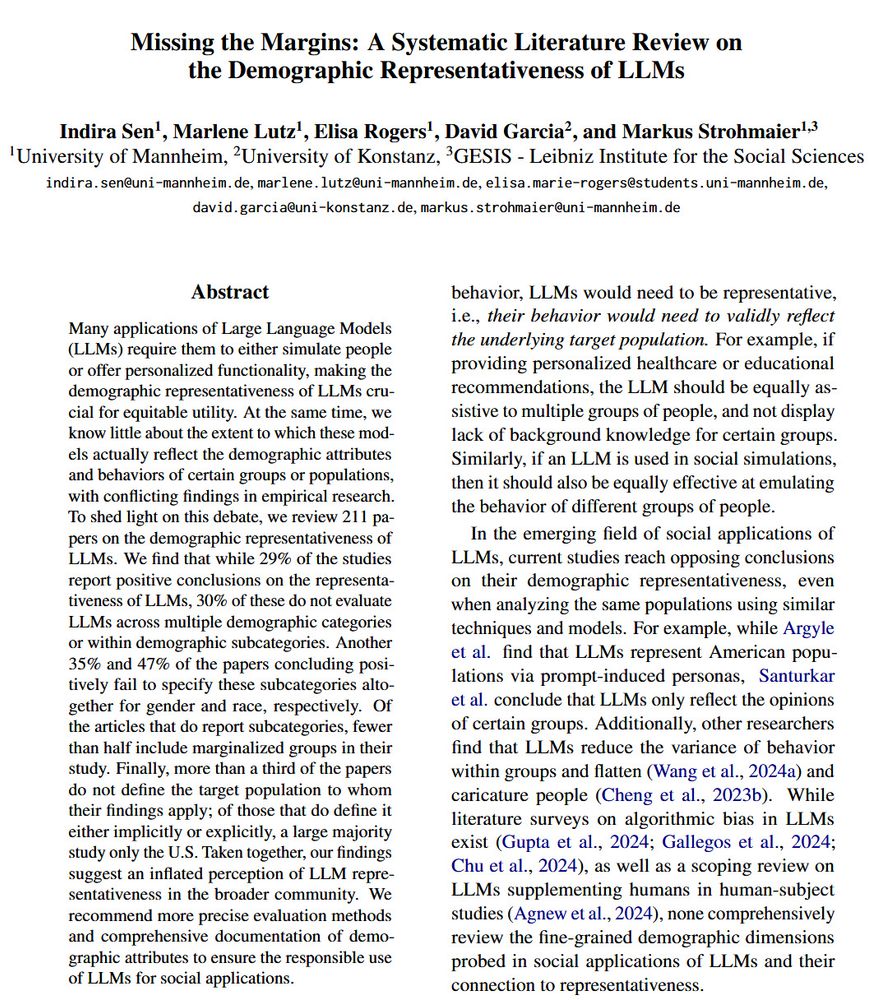 Screenshot of our paper "Missing the Margins: A Systematic Literature Review on the Demographic Representativeness of LLMs"