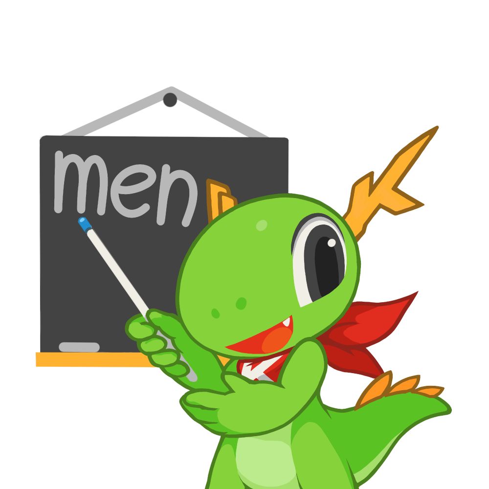 Konqi presenting a chalkboard with the word "men" written on it