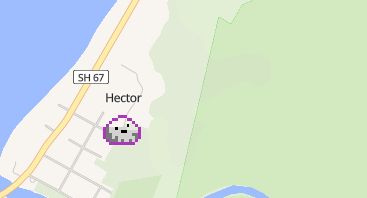 Map view of Hector, New Zealand. Under the label, there's KEL's pet rock, HECTOR.