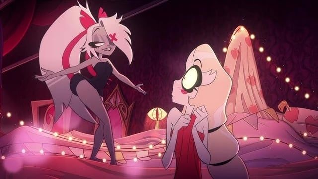 Example A, while Vaggi waggles her Butt seductively, the bed canopy behind Charlie has by sheer accident fallen in the shape of a large oink bedsheet ghost with a slit down the middle