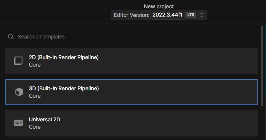 UnityHub project creation screen with the template 3D(Built int render pipeline) selected