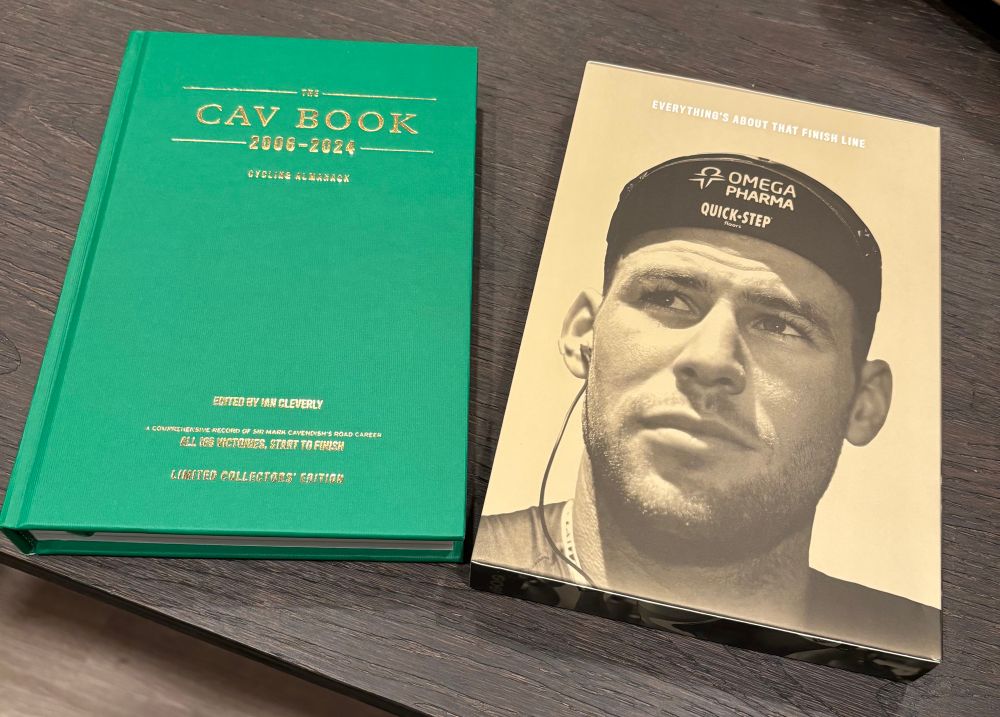 Cycling Almanac about Mark Cavendish with a green cover, gold lettering, and a slip cover with a young Mark in a cap