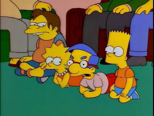 Milhouse from the simpsons with lisa bart and that other kid watching poochie and milhouse is complainig