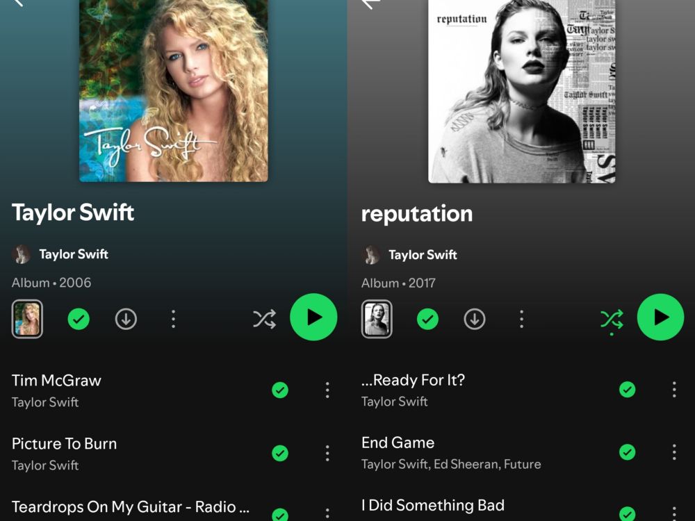 Screenshot of Taylor swift debut album Spotify page with photo of album cover and words 

Taylor Swift
Taylor Swift
Album 2006
Tim McGraw Taylor Swift
Picture To Burn
Taylor Swift
Teardrops On My Guitar - Radio ...

Screenshot of Taylor awift reputation album Spotify page with album cover and words 
reputation
Taylor Swift
Album • 2017
...ready For It?
Taylor Swift
End Game
Taylor Swift, Ed Sheeran, Future
I Did Something Bad