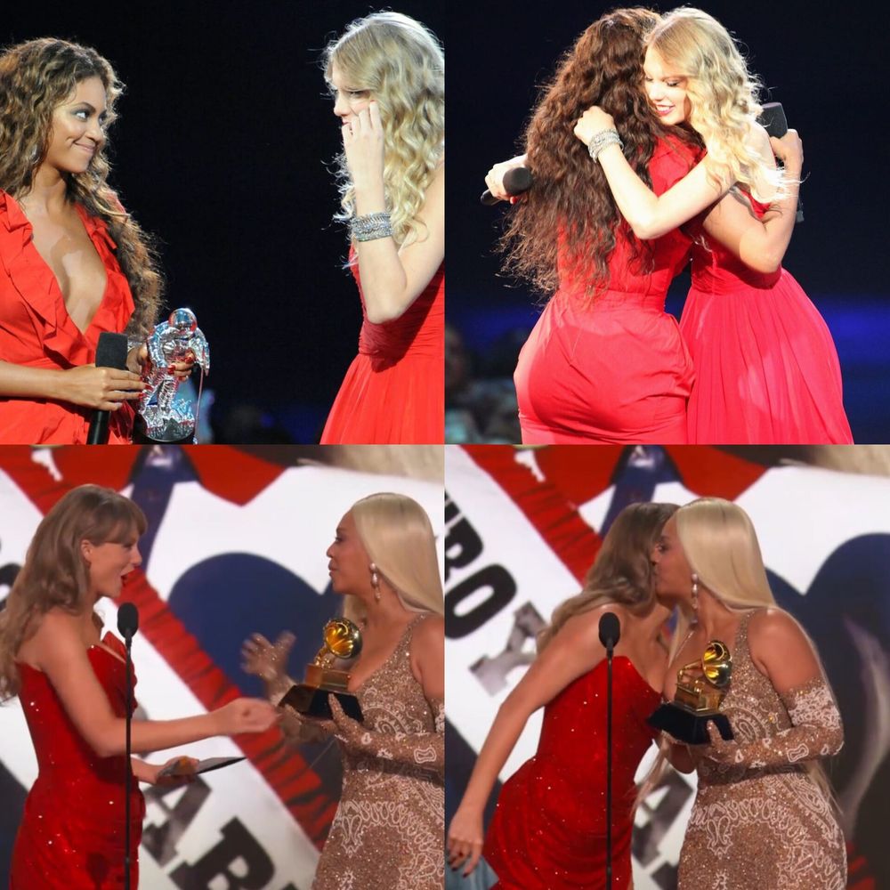 Collage of pictures of Beyonce and Taylor Swift from the 2009 VMAs and 2025 Grammys