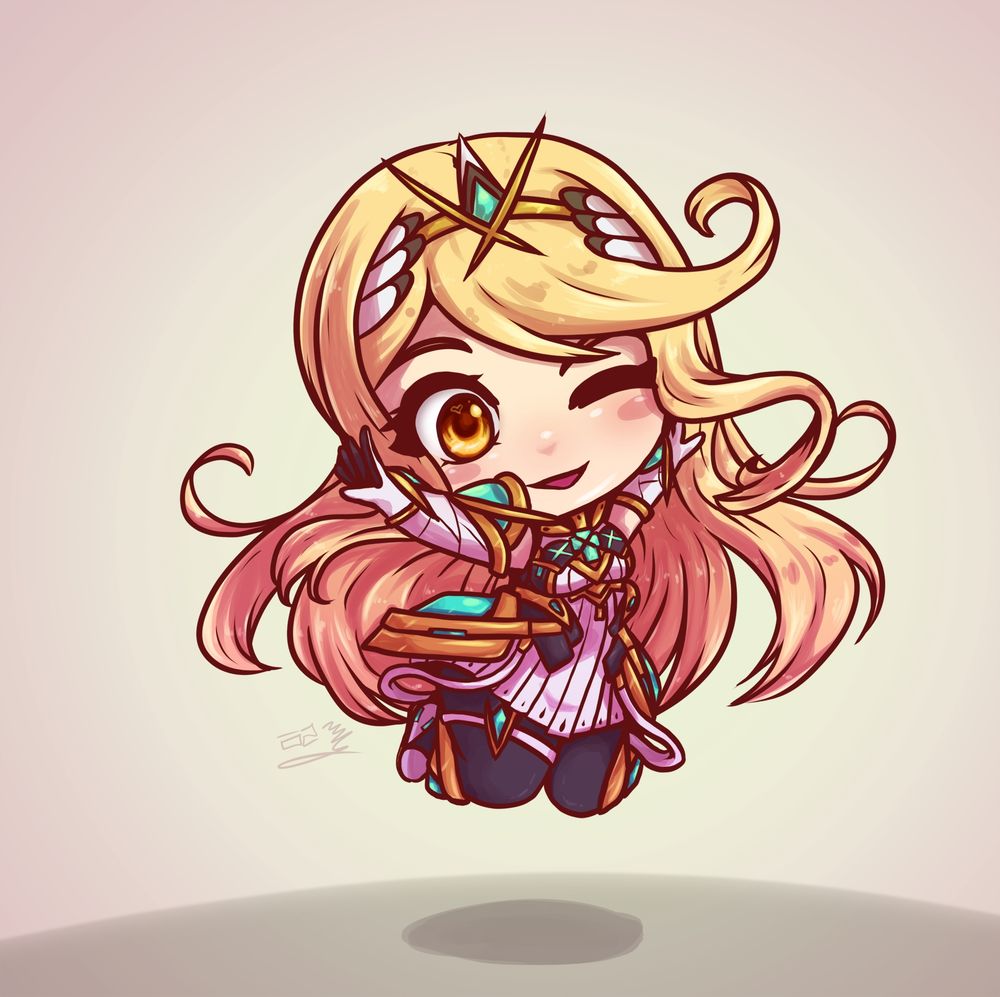 a digital chibi artwork of the character Mythra from Xenoblade Chronicles 2
she is leaping into the air very excitedly with a wink