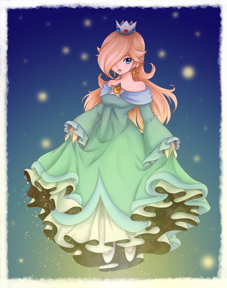 a digital full body artwork of the character Rosalina from the super mario franchise. She is holding up parts of her dress showing a galaxy space like look on the inside, with small stars falling out from it