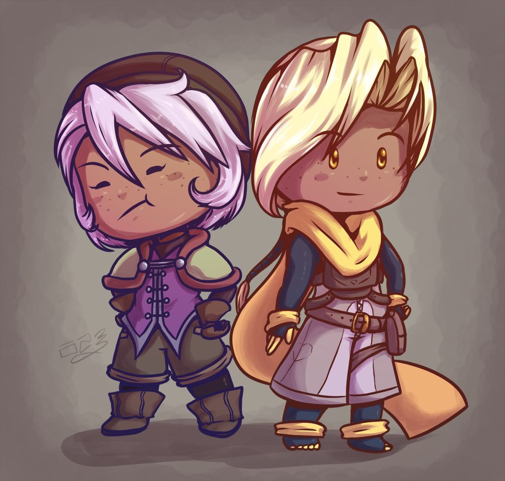 a digital chibi of my original characters, Wist on the left and Yarrow on the right