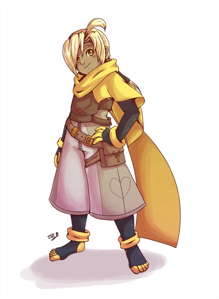 This Is Yarrow, an original character of mine. He has yellow long hair and bright yellow eyes. He wears a long yellow scarf and a half cape over his shoulder. A leather chest piece on his torso and a large bag attached to his hip and leg. He has on a sleeveless jumper with flared legs making for easy leg movement for kicking. Under that is a body suit that covers all his body save for his head. It has yellow cuffs, and the digits of his appendages are also yellow. 

I will use alt text to share some ultra rare Yarrow lore
The first being he used to be a fancharacter for a different franchise, but I really liked him, and I didn't want him to only exist in that stupid side story fanfiction deal. 
He was created a few years before his brother was. His brother was for another project, but I decided I liked how the design looked and felt it matched with Yarrow enough. After messing around with the idea, I really liked the two being brothers. The sassy and mischievous Wist partnered well with the more serious and softer Yarrow