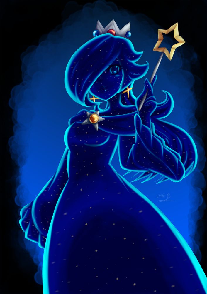 A digital drawing of the cosmic spirit from super mario galaxy 2 who resembles and sounds a lot like Rosalina. 
She has this night sky appearance to her body with a lighter blue outline to her frame, and her body has stars inside dotting all about. She normally has no defined eyes, but it made the art look off, so I added them anyways.