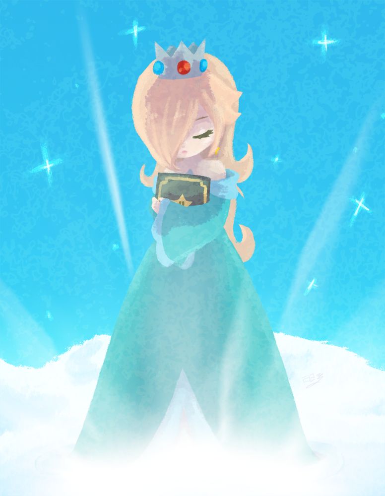 digital artwork of the character Rosalina from the super Mario franchise. I tried to mimic the art style in her story book, which she is clutching in her arms