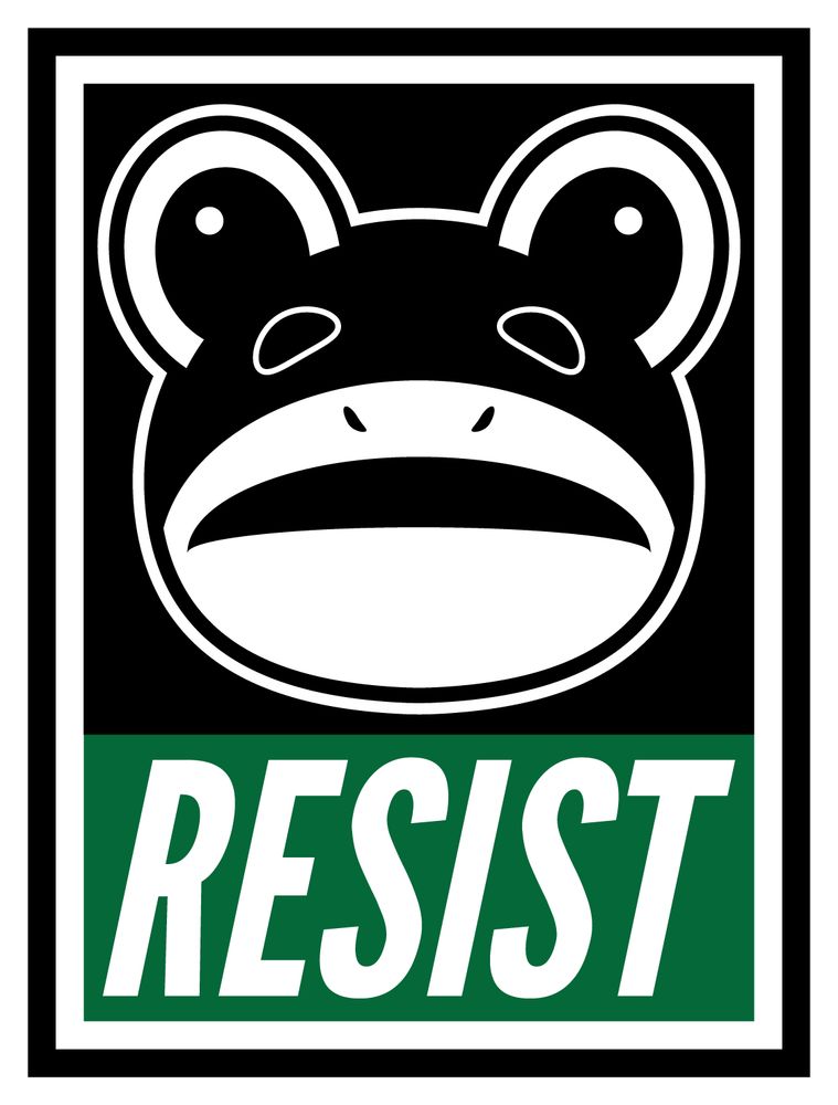 A parody of Shepard Fairey's "OBEY Giant" artwork. In this version, the face is a black-and-white illustration of the face of the already cartoonish Portland frog costume, accompanied by the text "RESIST" in white and green.