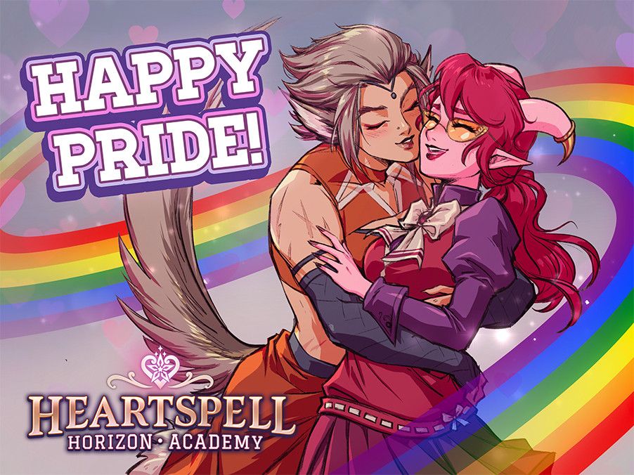 Heartspell Horizon Academy Pride Art. A werewolf girl kisses a pink demon girl with a rainbow around them, it says happy pride and the name of the game. 