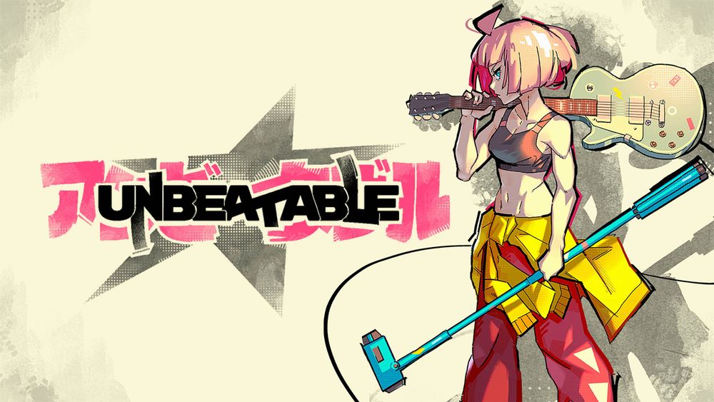 Unbeatbale Art, it has the logo and main character on it. The main character is a pink haired woman with light muscles, she's white with a mic and a guitar. 