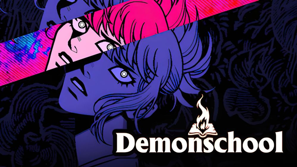 Demonschool art the main characters face split into three zooms. 
