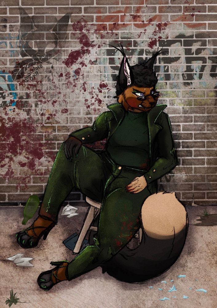 An anthropomorphic caracal sits in a grungy alleyway surrounded by trash, blood, and broken glass. They appear angry as they lean against the grungy brick wall. 
