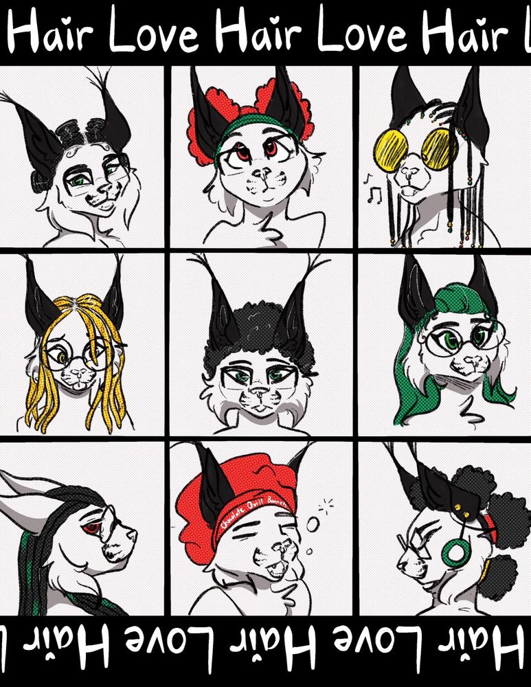 Nine panels depicting the same caracal character wearing nine different styles worn among the diaspora.