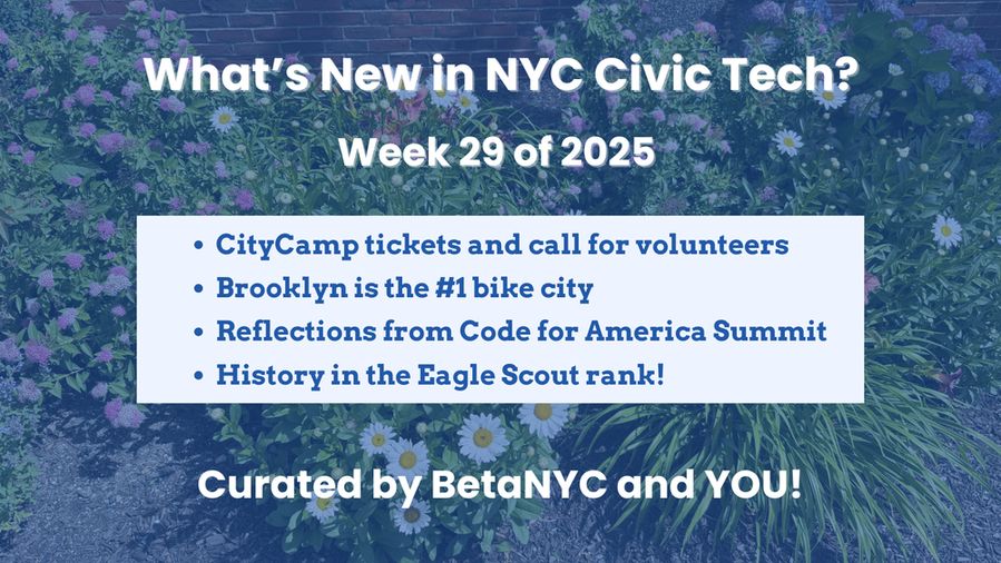 A newsletter title card overlaid on a background of blooming purple and white flowers and green plants. The white text reads: "What’s New in NYC Civic Tech? Week 29 of 2025." Below the text is a light blue box with dark blue text summarizing this week's contents. At the bottom, the white text reads: “Curated by BetaNYC and YOU!”
